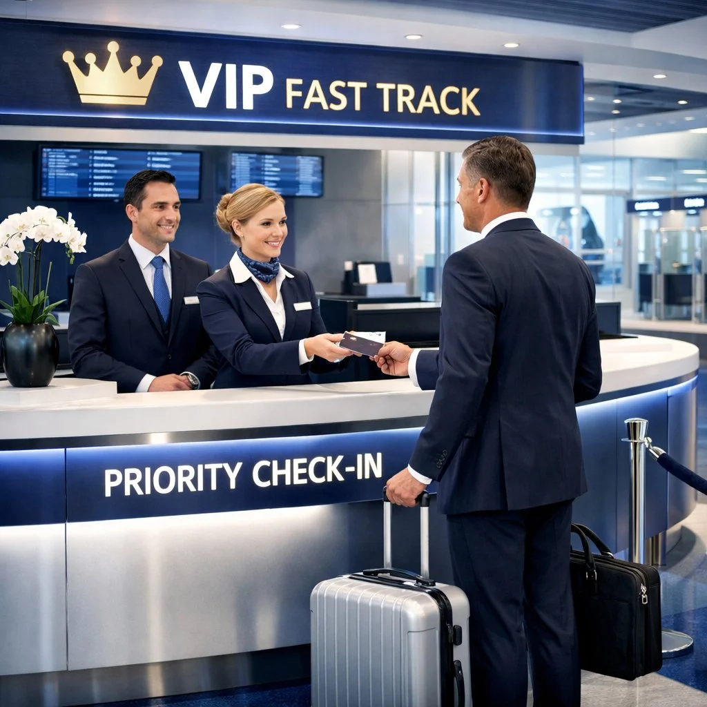 Traveler receiving VIP airport concierge service